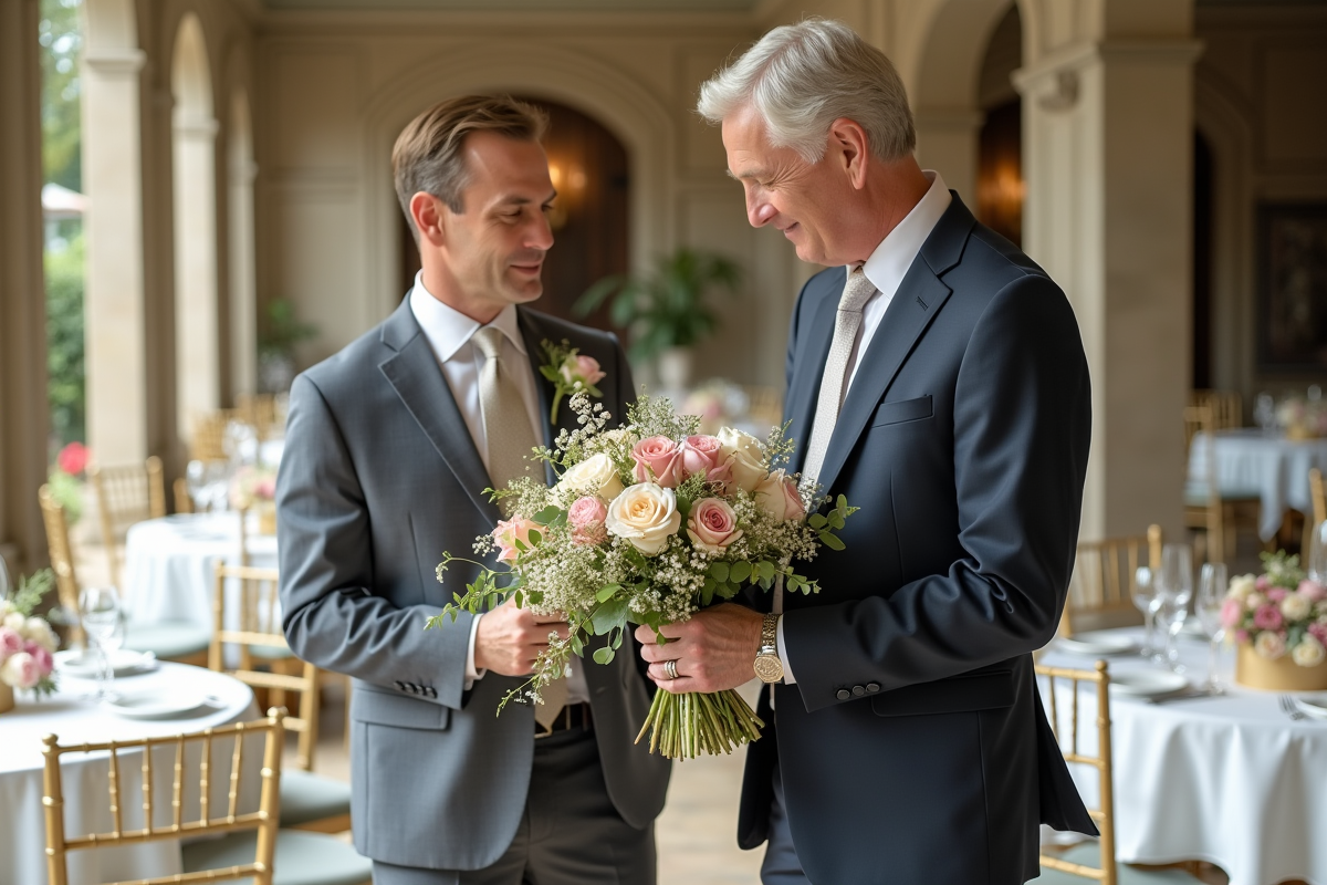 Homme en costume discutant avec une organisatrice dans une salle de réception