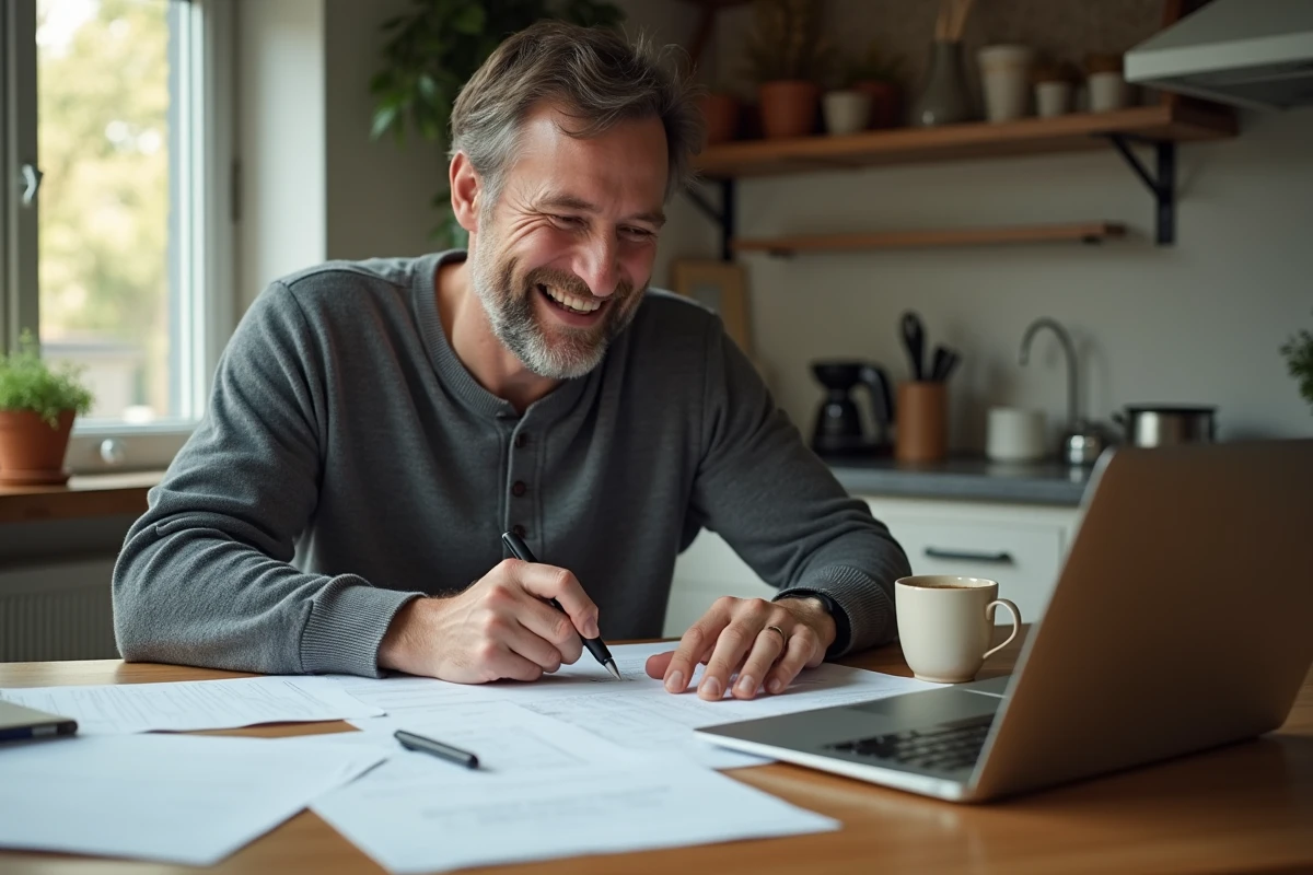 Homme souriant en train de préparer et personnaliser son discours humoristique chez lui avec des notes manuscrites