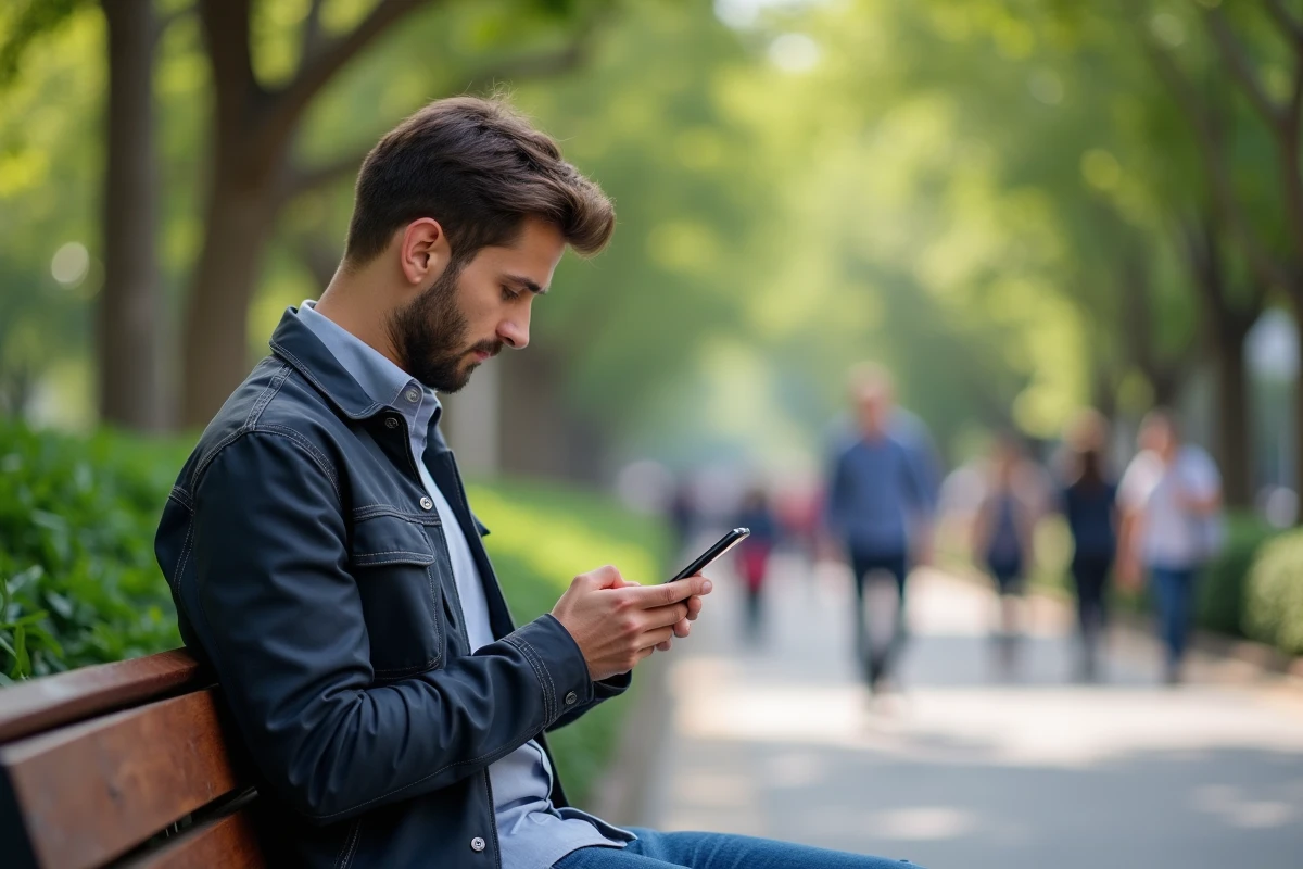 Homme regardant son smartphone dans un parc urbain animé