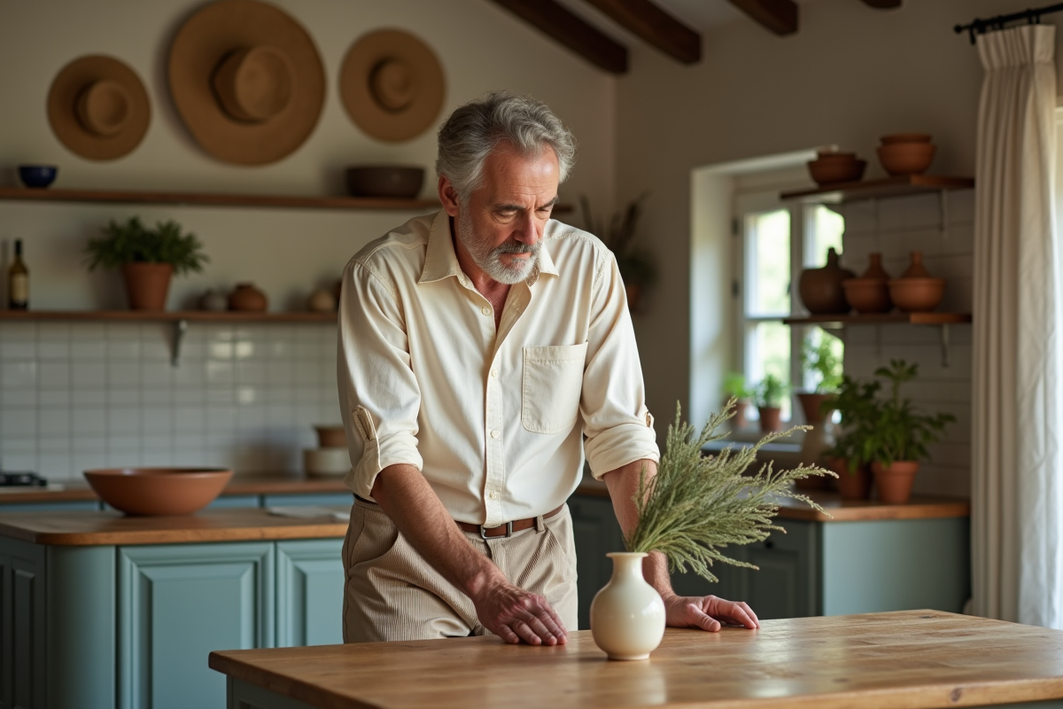 Homme contemplant un vase en céramique dans une cuisine chaleureuse