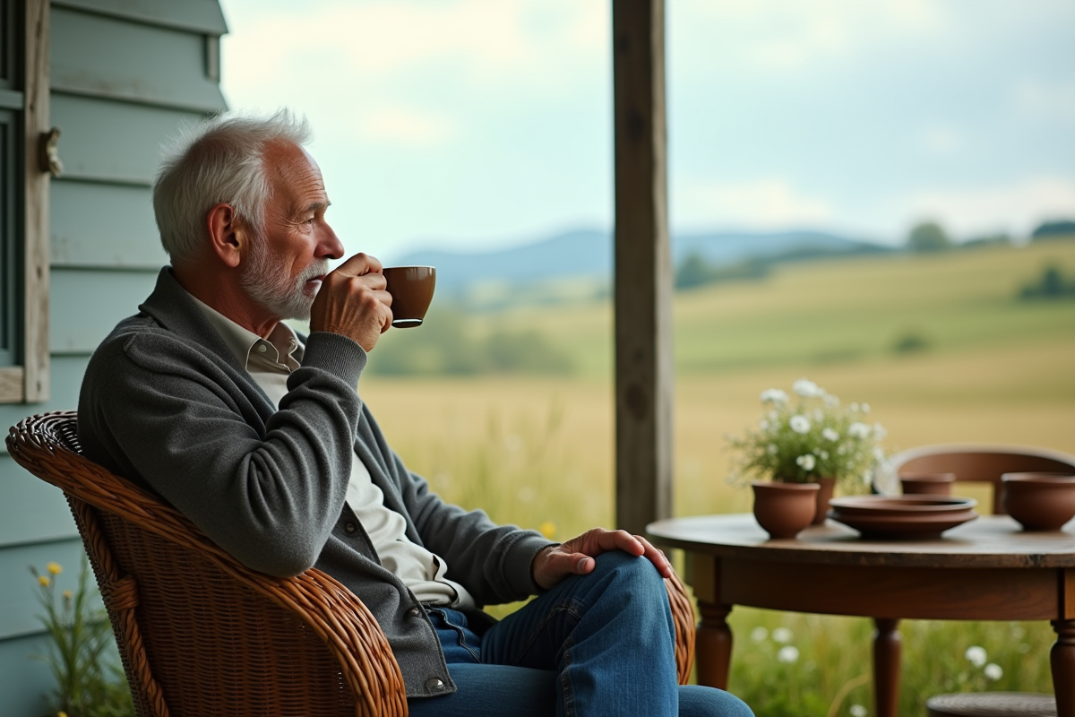 Homme âgé dégustant une tisane sur une véranda rurale