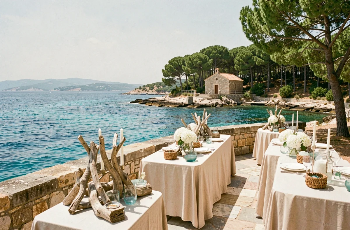 Île Degaby sur la Côte d'Azur, réception de mariage sur une île privée avec terrasse en pierre au bord de l'eau turquoise et vue sur le littoral