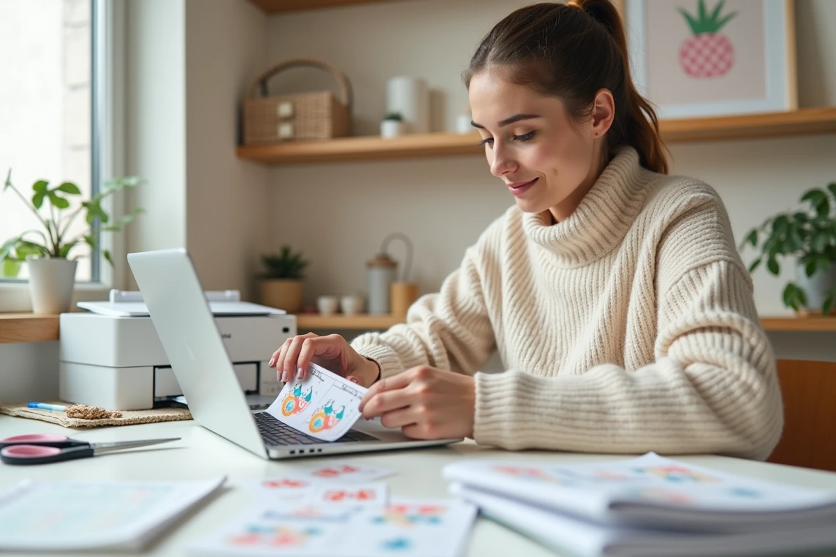 Femme imprimant des fiches de jeu EVJF gratuites à domicile avec une imprimante, des ciseaux et des accessoires DIY sur un bureau blanc