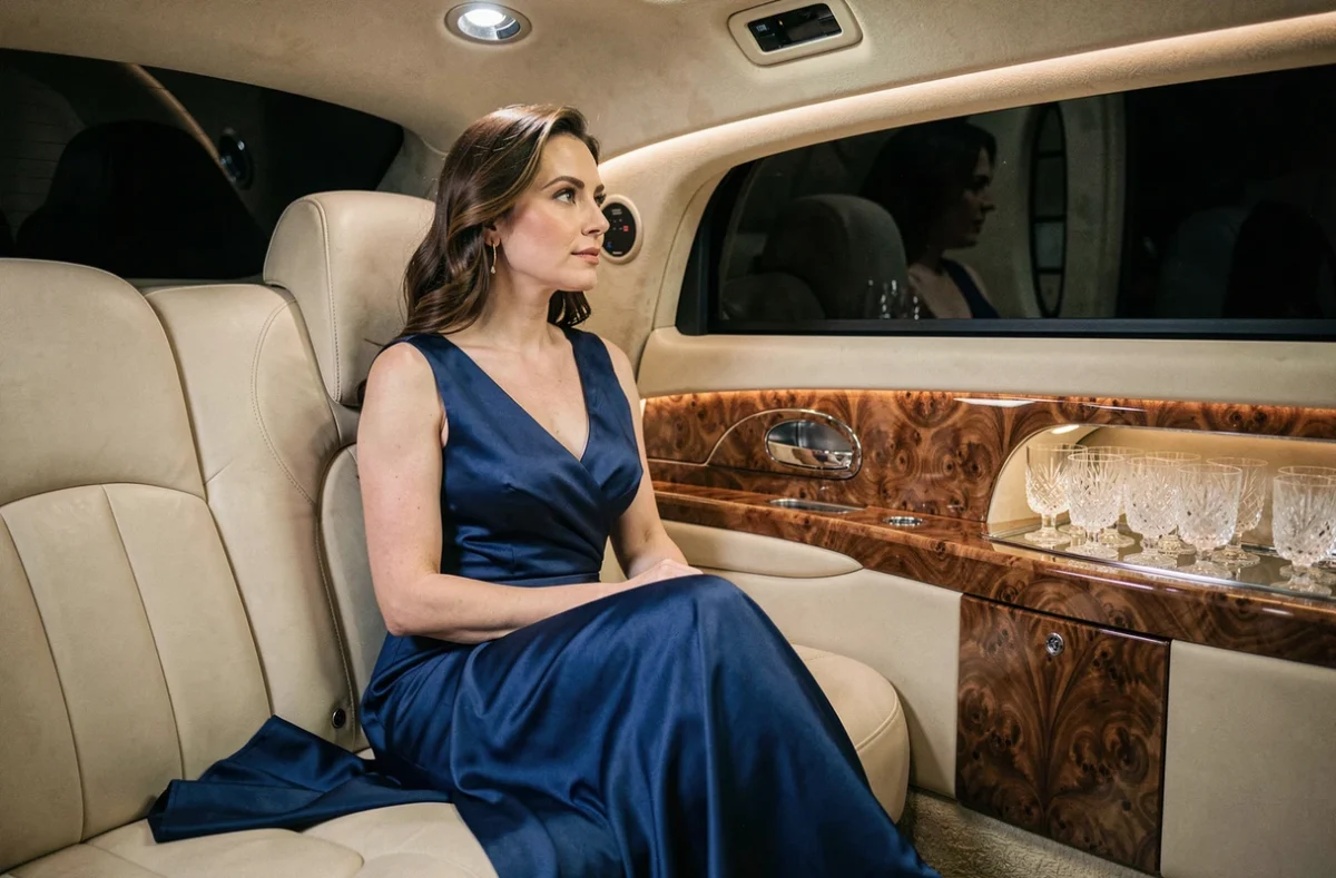 Femme élégante en robe de soirée bleue assise dans l'intérieur luxueux d'une limousine