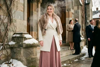 Invitée de mariage en hiver portant un manteau en laine ivoire et une étole en fausse fourrure devant une église en pierre enneigée
