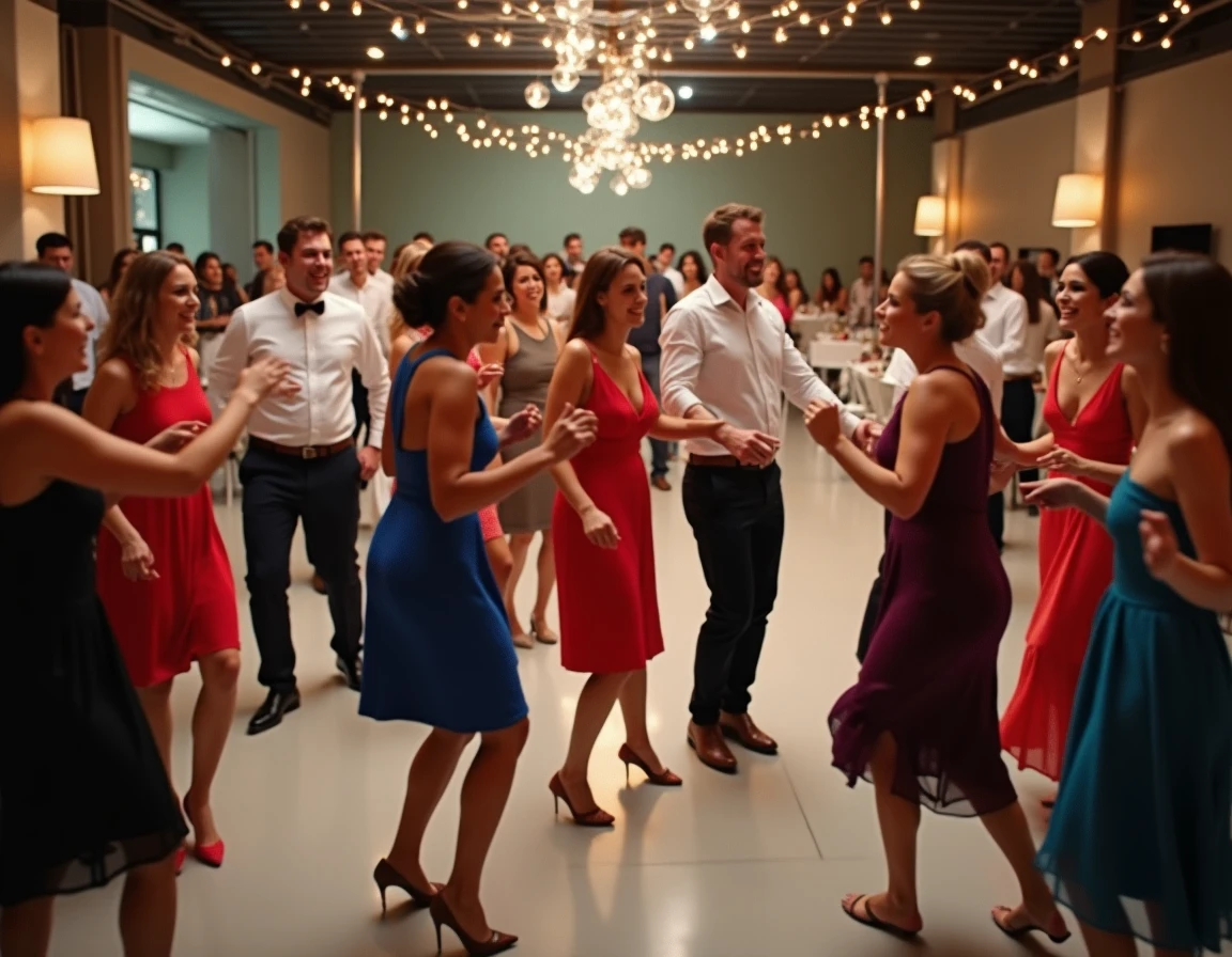 Invités de mariage dansant avec enthousiasme sur la piste lors de l'entrée en salle dans une salle de réception moderne