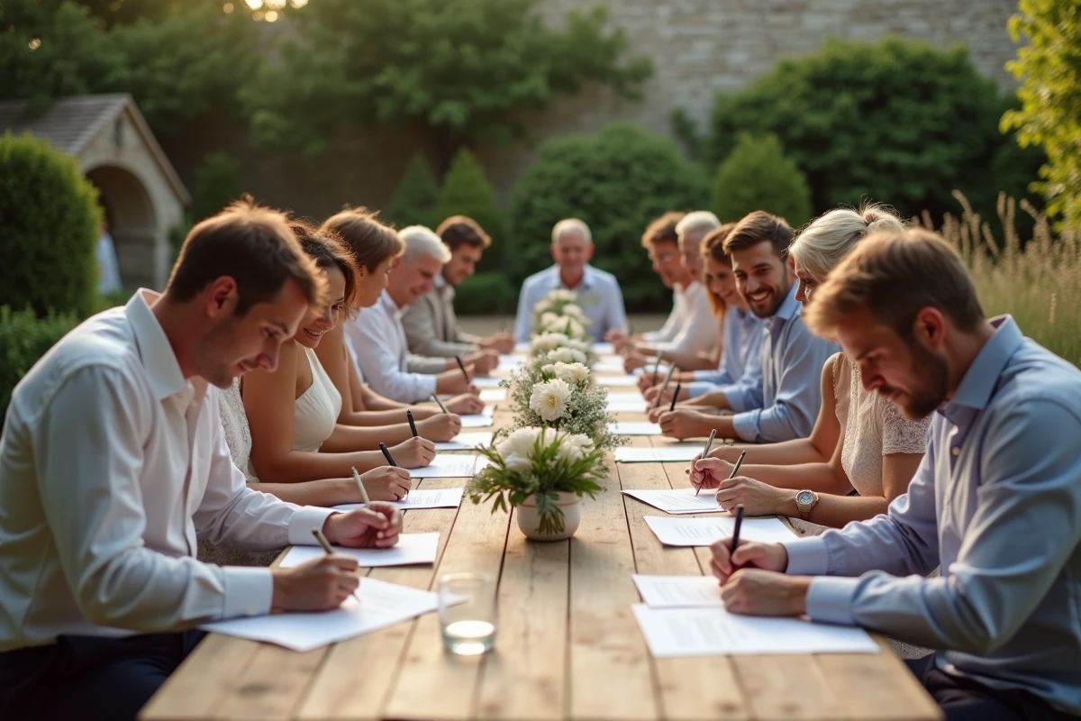 Groupe d invités écrivant des notes de félicitations en extérieur