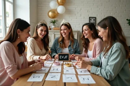 Groupe d'amies réunies autour d'une table pour jouer à des jeux EVJF imprimés, avec accessoires et cartes de jeu étalés