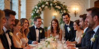 Invités de mariage jouant à un jeu de trivia lors de la réception