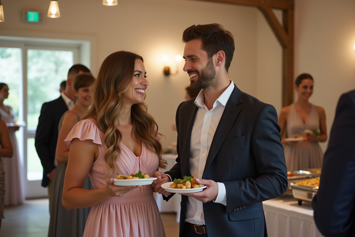 Jeune couple partageant un apéritif dans une salle chaleureuse