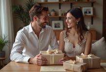 Dix présents de mariage inoubliables à offrir cette année Jeune couple souriant déballant un cadeau de mariage