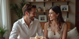 Jeune couple souriant déballant un cadeau de mariage