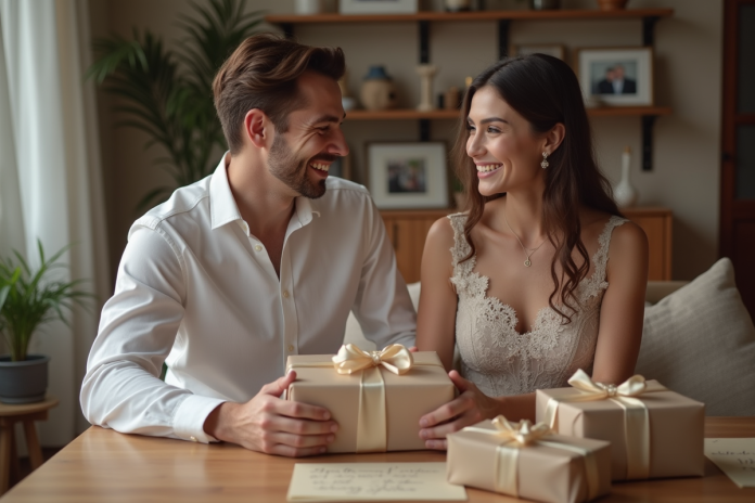 jeune-couple-cadeau-mariage Jeune couple souriant déballant un cadeau de mariage