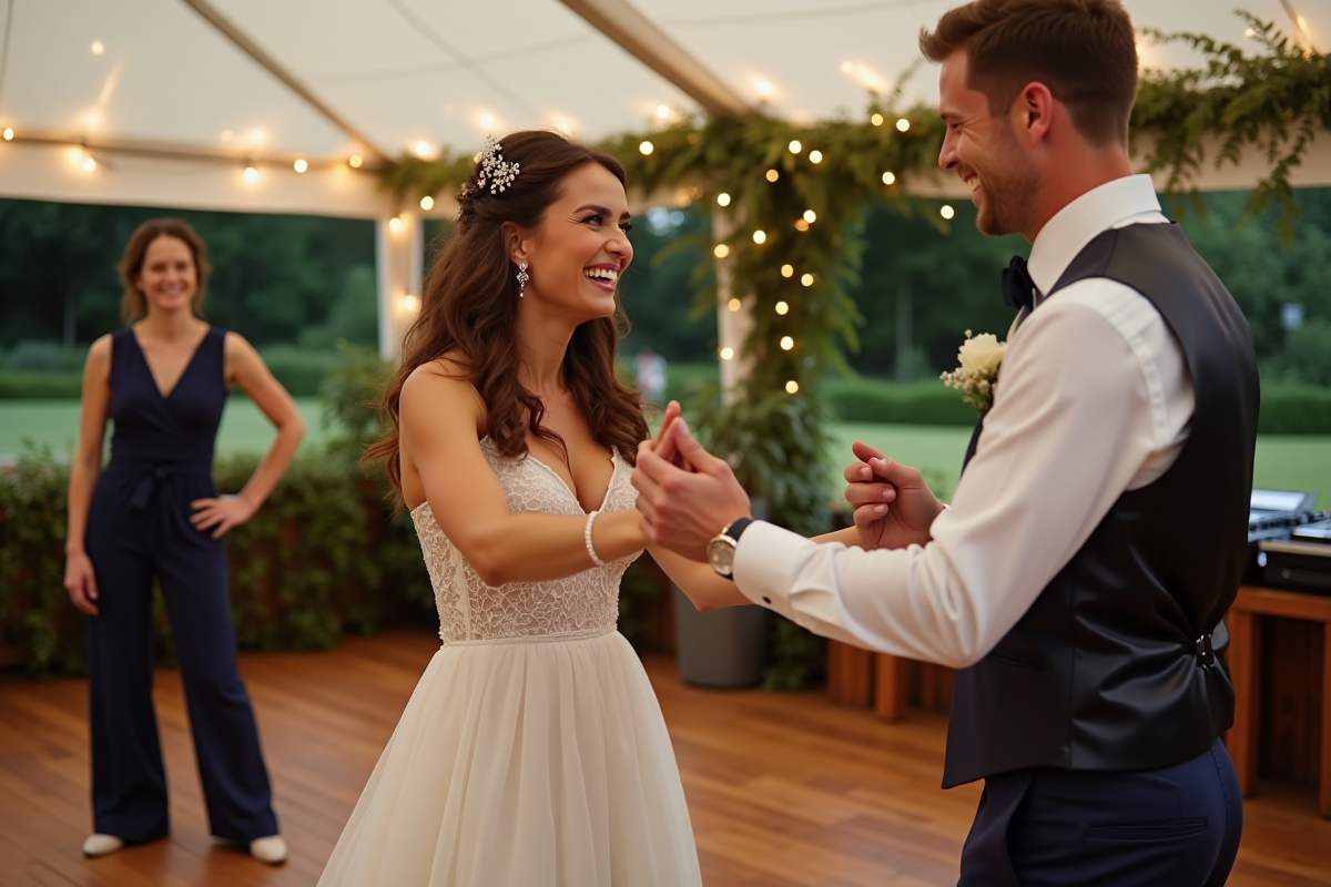 Jeune couple de mariés dansant avec une DJ en extérieur