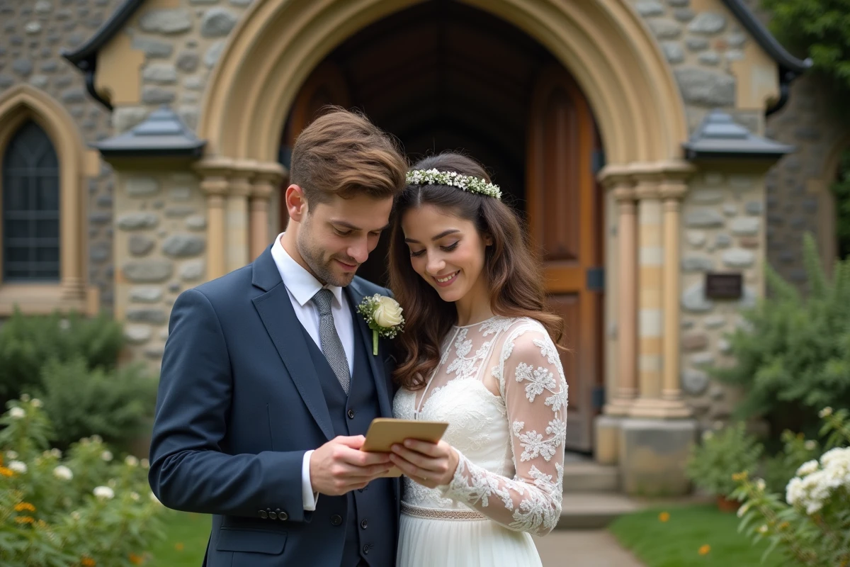 Jeune couple lit une carte de mariage devant une église historique