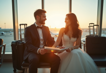 Jeune couple marié à l'aéroport avec bagages et brochures de voyage