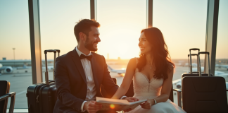 Jeune couple marié à l'aéroport avec bagages et brochures de voyage