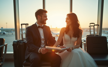 Jeune couple marié à l'aéroport avec bagages et brochures de voyage