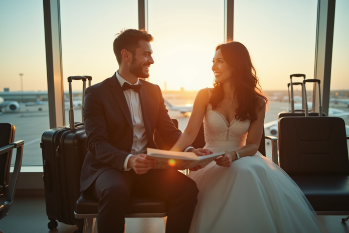 Jeune couple marié à l'aéroport avec bagages et brochures de voyage