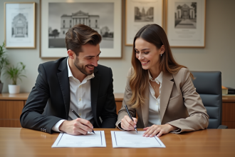Jeune couple signant un document de mariage à la mairie