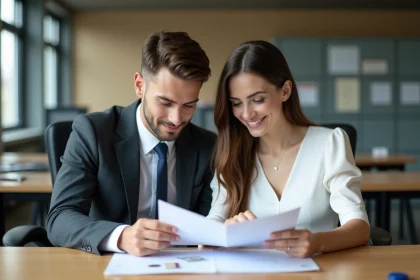 Jeune couple en mairie examinant des documents officiels