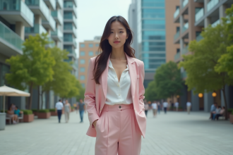 Jeune femme en blazer bleu et pantalon rose dans une ville moderne