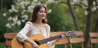 Musique mariage : les meilleures options pour une cérémonie intimiste Jeune femme jouant de la guitare dans un jardin paisible