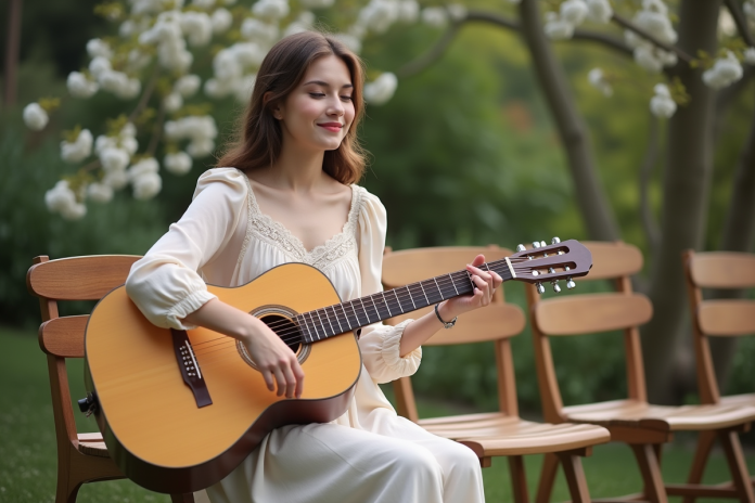 Jeune femme jouant de la guitare dans un jardin paisible
