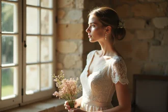 Jeune femme en robe de mariée près d une fenêtre de château