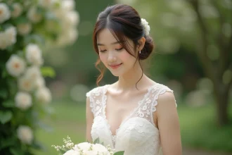 Jeune femme mariée dans un jardin après la cérémonie
