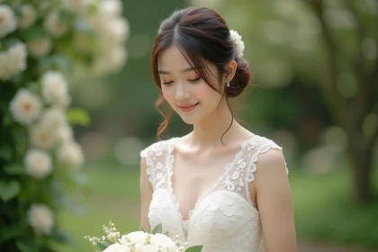 Jeune femme mariée dans un jardin après la cérémonie