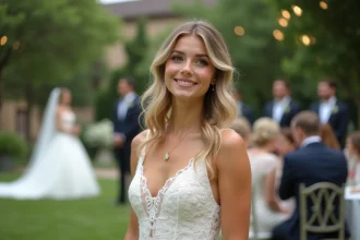 Jeune femme en robe blanche élégante lors d'une réception de mariage en extérieur