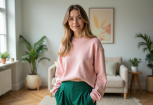 Jeune femme élégante en mode colorblock dans un salon scandinave