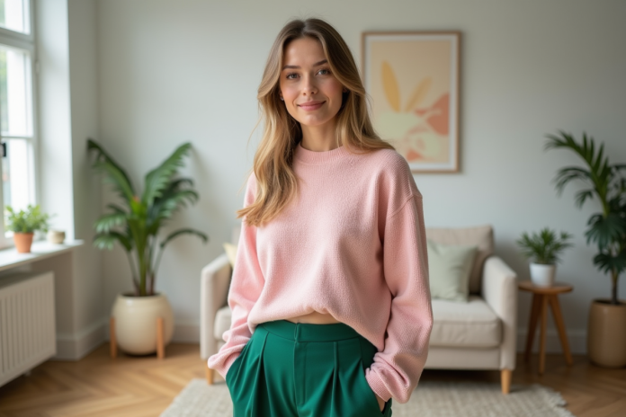jeune-femme-mode-scandinave Jeune femme élégante en mode colorblock dans un salon scandinave