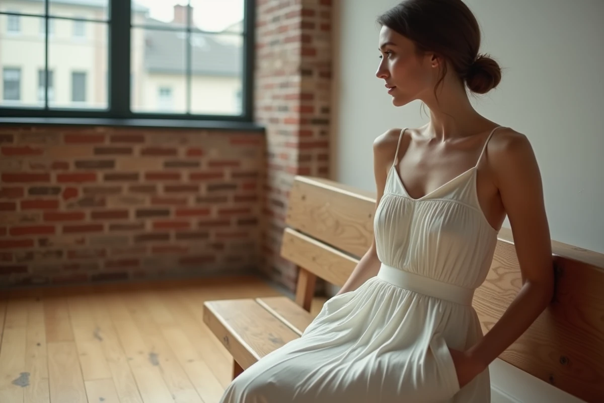 Jeune femme en robe moderne assise dans un loft urbain
