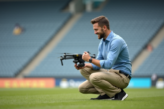 Jeune homme calibrant un drone professionnel en extérieur