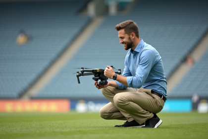 Jeune homme calibrant un drone professionnel en extérieur