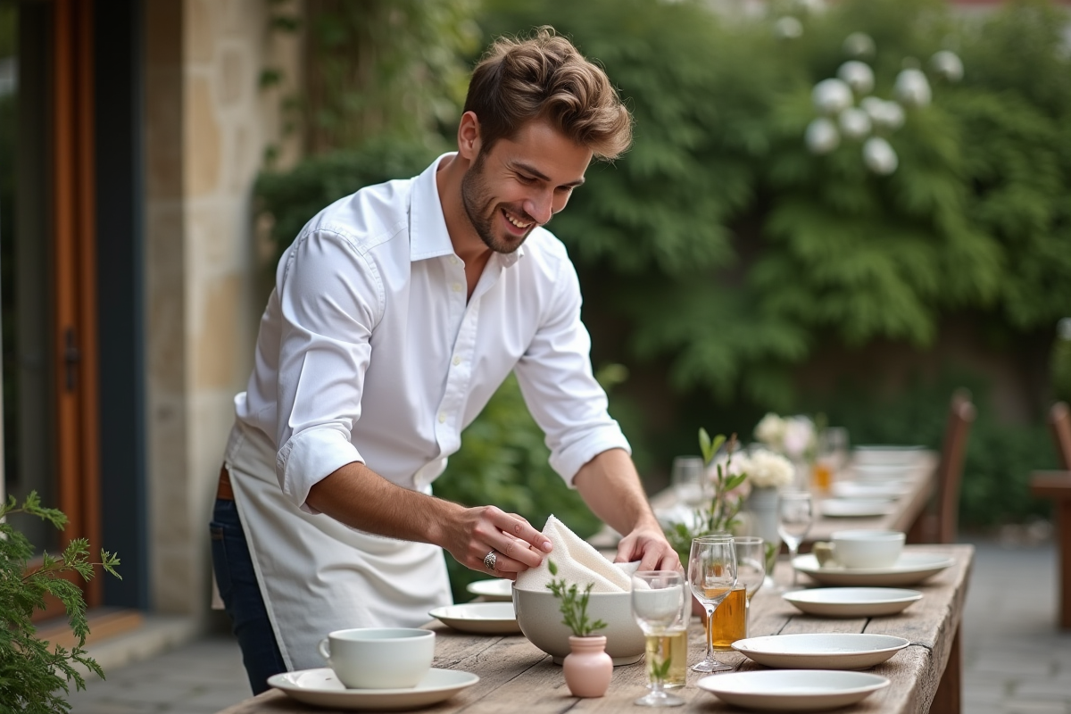 Jeune homme posant des serviettes en lin sur une table extérieure