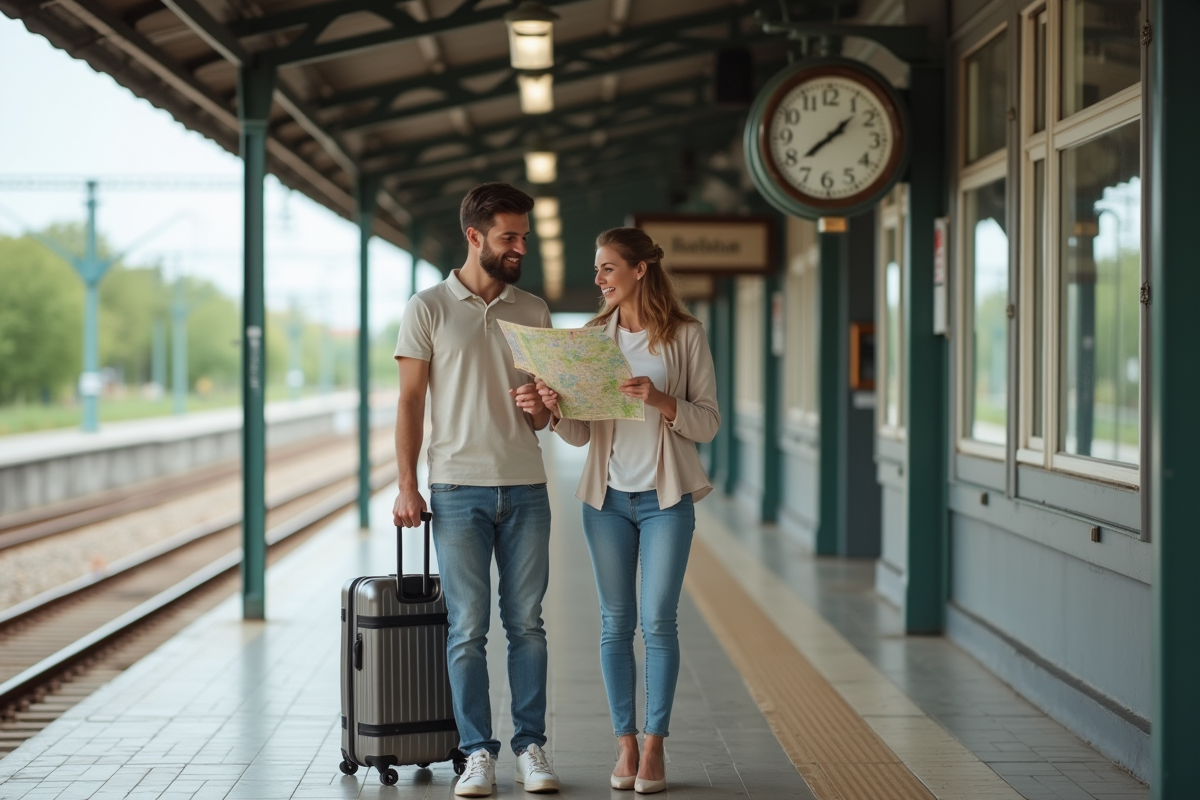 Jeune couple marié à la gare avec valises