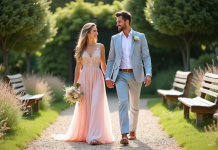 Couleurs idéales pour mariage d’été : inspirations et conseils Jeune couple de mariés dans un jardin en été avec fleurs et lumière naturelle