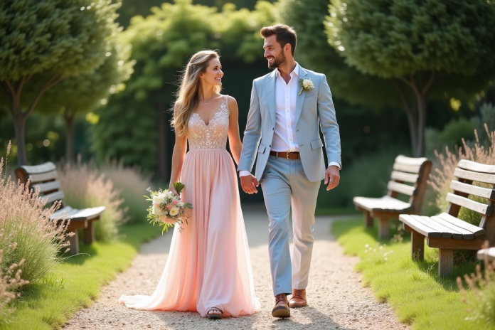 jeune-mariage-jardin-ete Jeune couple de mariés dans un jardin en été avec fleurs et lumière naturelle