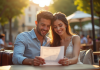 Jeune couple marié souriant au café en plein air avec valises