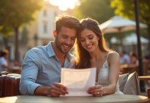 Jeune couple marié souriant au café en plein air avec valises