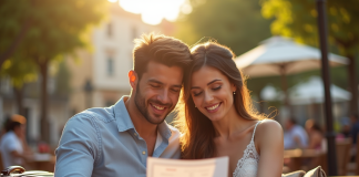 Jeune couple marié souriant au café en plein air avec valises