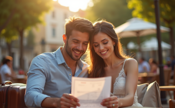 Frais de lune de miel : qui paie les dépenses ? Jeune couple marié souriant au café en plein air avec valises