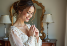 Robe de mariée : qui ne devrait pas la voir le jour de votre mariage ? Jeune mariée souriante dans sa robe de mariage élégante
