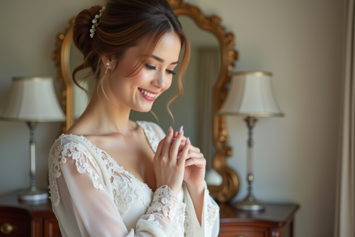 jeune-mariee-salle-de-bains Jeune mariée souriante dans sa robe de mariage élégante