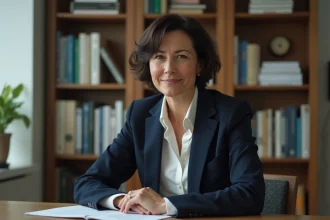 Journaliste femme élégante assise à son bureau dans une rédaction, portrait éditorial discret et professionnel