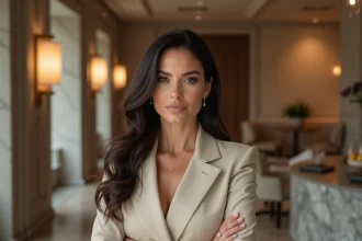Femme élégante aux cheveux noirs dans un salon moderne illustrant l'évolution amoureuse de Kim Kardashian