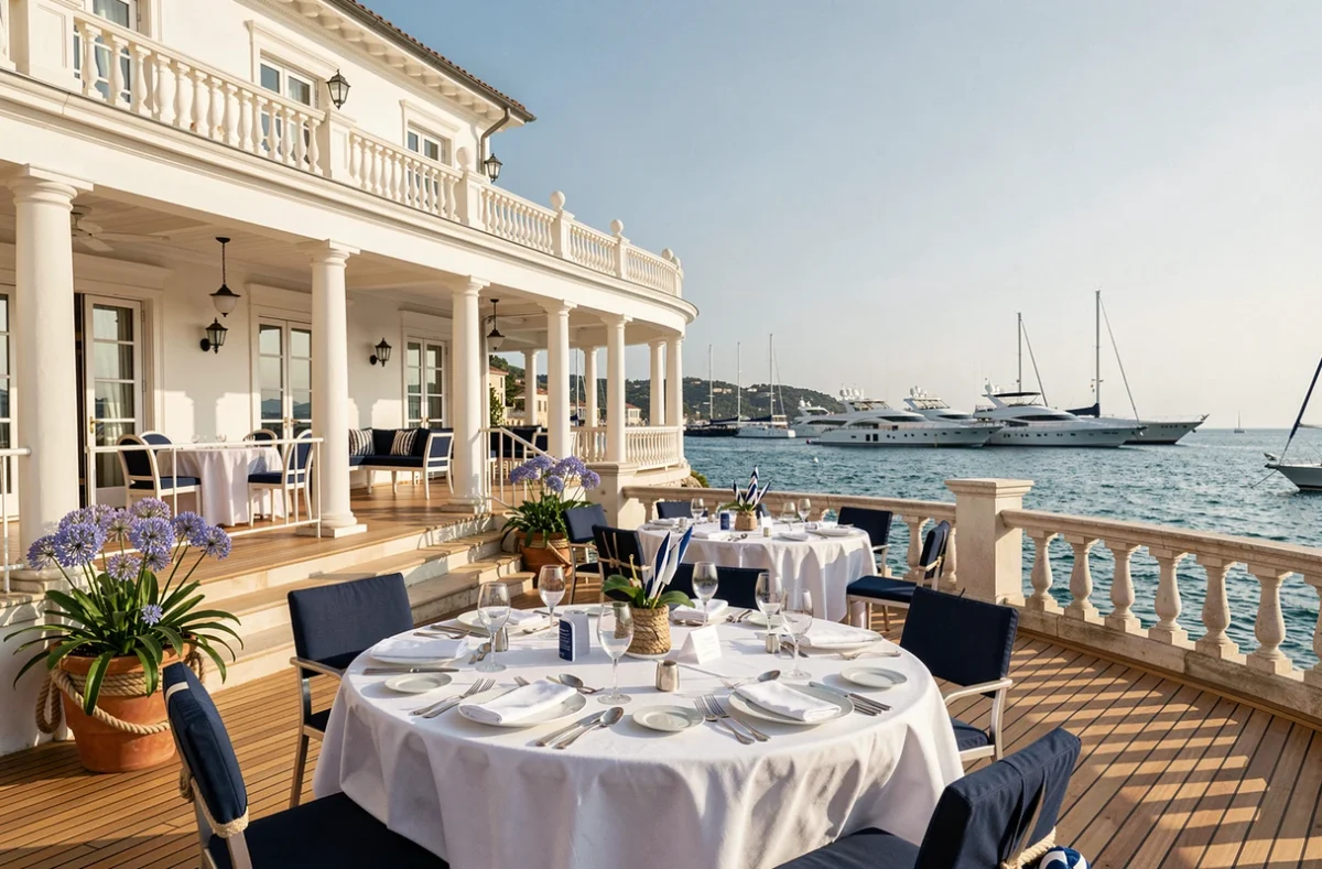 Le Newport sur la Côte d'Azur, salle de réception de mariage au bord de mer avec terrasse nautique, décoration marine et vue sur les yachts en baie